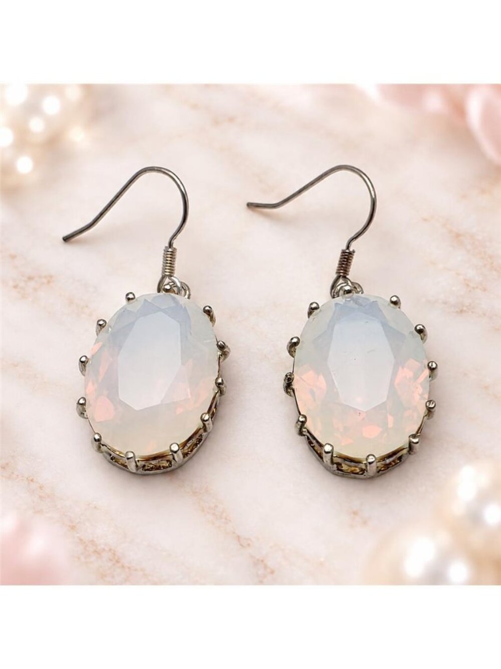 Faceted Opalite Glass Oval Drop Earrings Silver Plated Brass Fish Hook 22.7mm